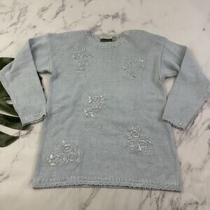 Dana Scott Womens Vintage 90s Sweater Size M Pastel Blue Crochet Floral Cottage